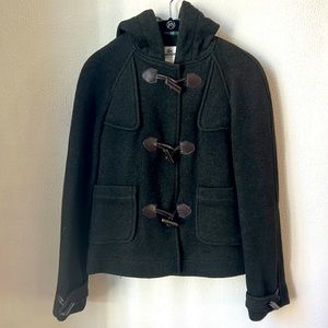 Lacoste wool hooded coat deep green color with tartan print inside.